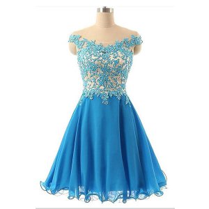 Appliqued Nude Bodice Curly Hemline Knee Length Aqua Blue Cocktail Dress Dancing